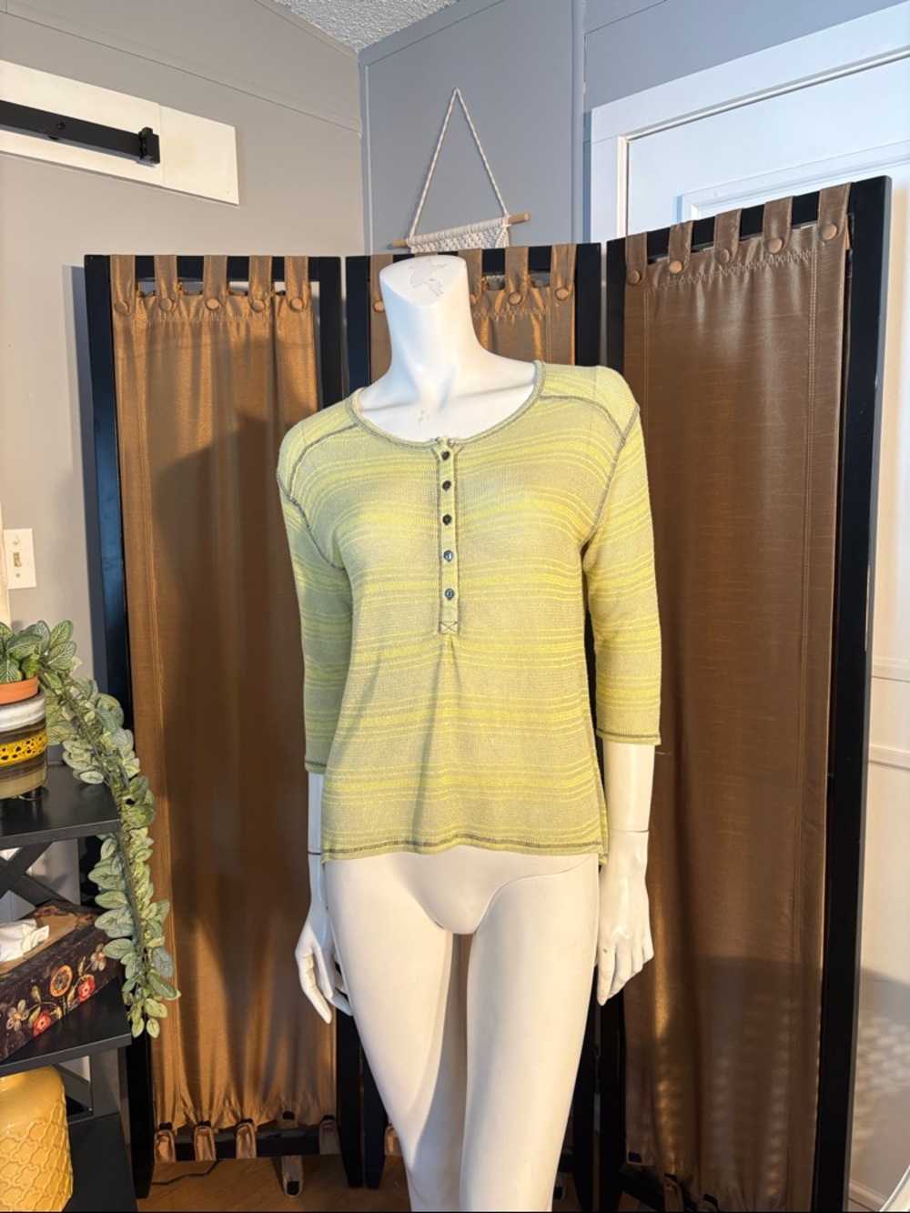 Light Green Striped Henley Knit Top - Women - Picture 2 of 5